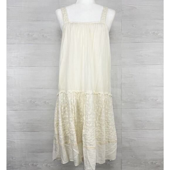 Anthropologie Pepin Tiered Swing Dress Size 2 Cream Embroidered Sleeveless Beach - Picture 1 of 13